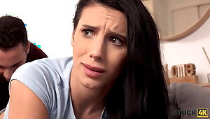 STUCK4K. Brunette was looking of her phone later on her hand got suffer from